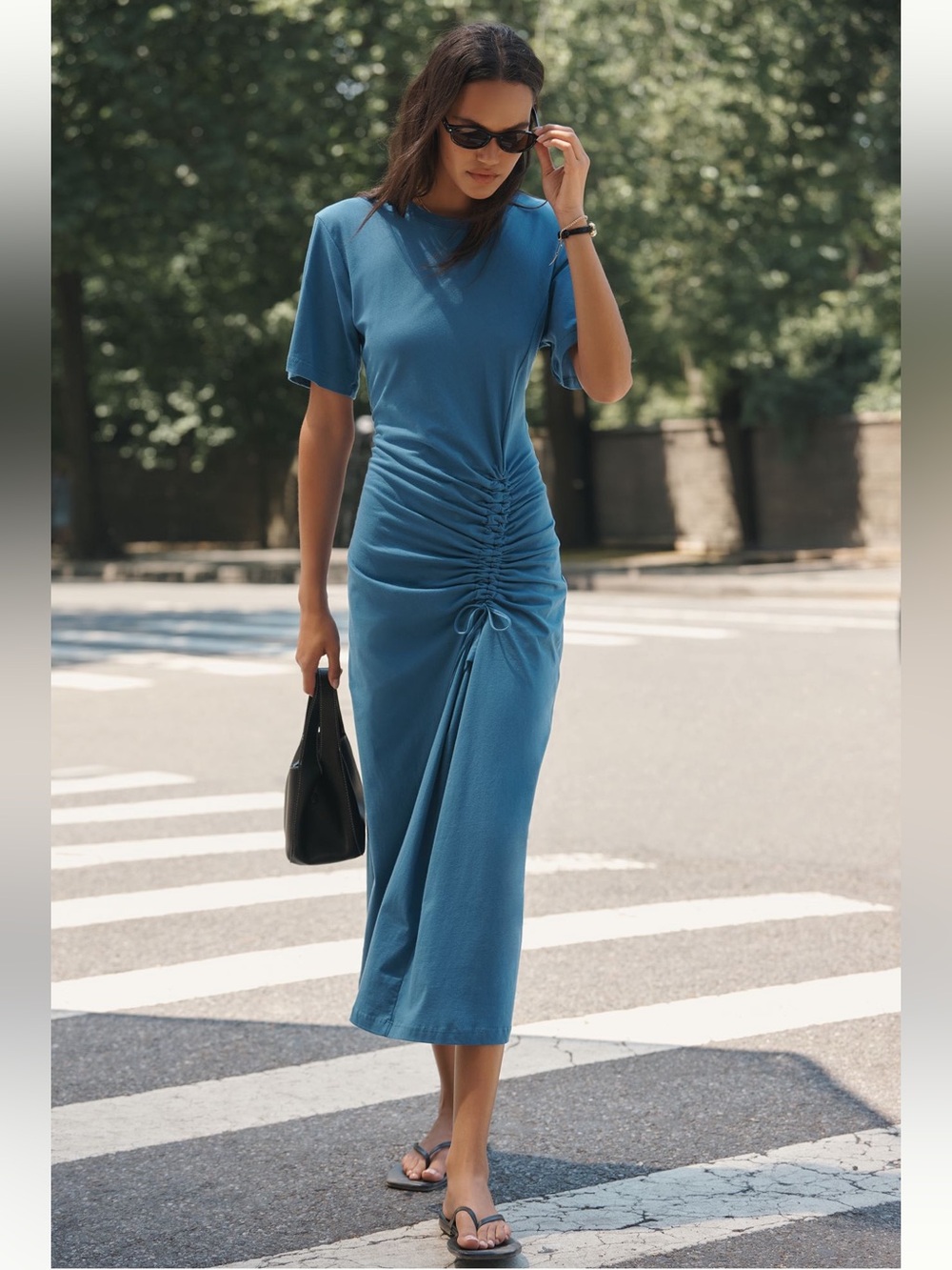 Daily Practice Cotton Ruched Tshirt Dress in Dark Blue